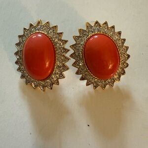 Vtg KJL Kenneth Jay Lane Faux Coral Cabochon Crystal Rhinestone Pierced Earrings